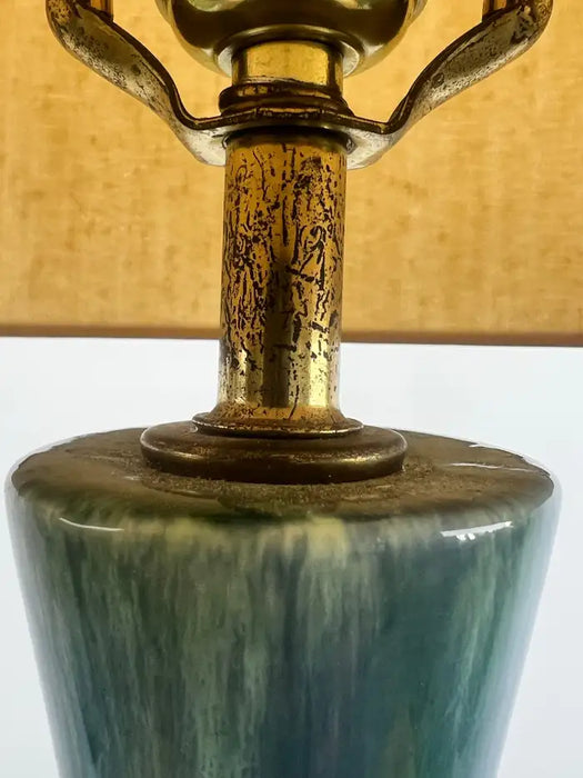 Mid-Century Modern Green Malachite Teardrop Design Table Lamp w Custom Shade