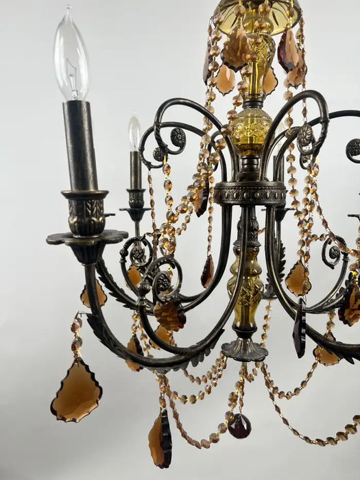 French Rococo Revival Bronzed Chandelier with Amber Glass Drops, 6 Arms