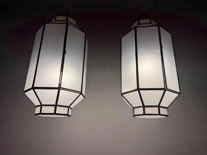 Art Deco Style Frosted White Milk Glass & Bronze Octagonal Pendant, a Pair