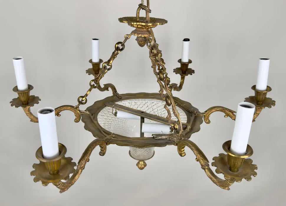 French Empire Style Ormolu Bronze Chandelier with Cut Crystal Bowl, 6 Arms