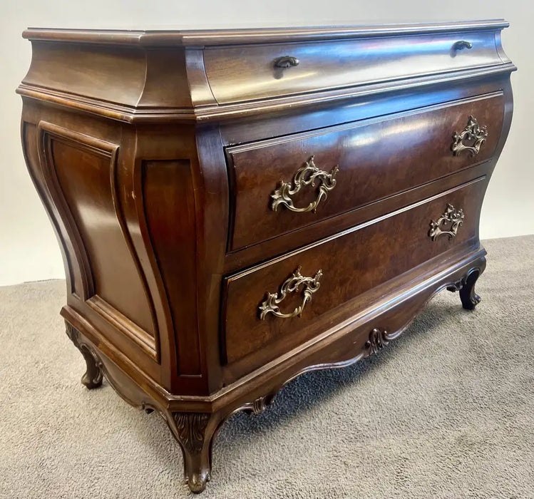 Karges Louis XVI Style Bombe Burl Walnut Three-Drawer Commode or Chest, 1980's