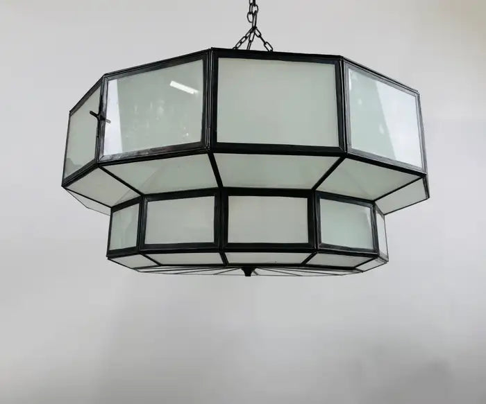 Art Deco Style Large Circular White Milk Glass & Bronze Pendant, Chandelier