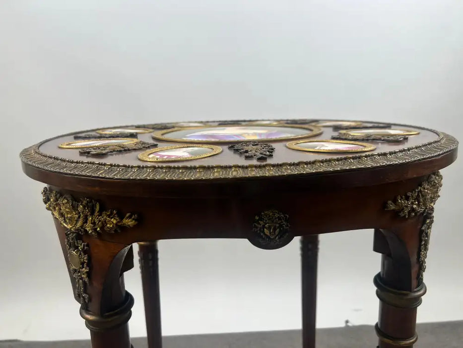 19th C French Louis XVI Mahogany & Bronze w Sèvres Style Portraits Salon Table