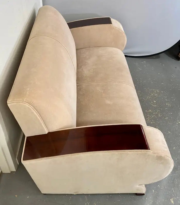 French Art Deco Sofa or Settee with Beige Velvet Upholstery & Rosewood Armrests
