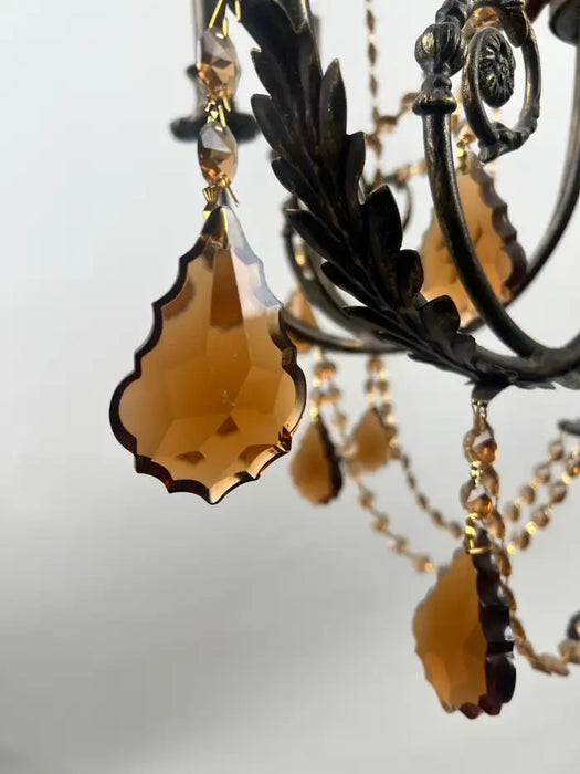 French Rococo Revival Bronzed Chandelier with Amber Glass Drops, 6 Arms