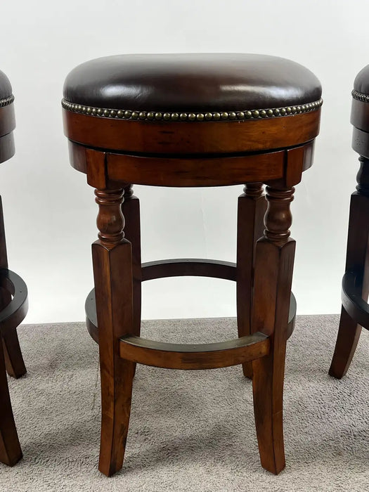 Vintage Traditional Style Frontgate Studded Leather Swivel Stool, a Set of 3