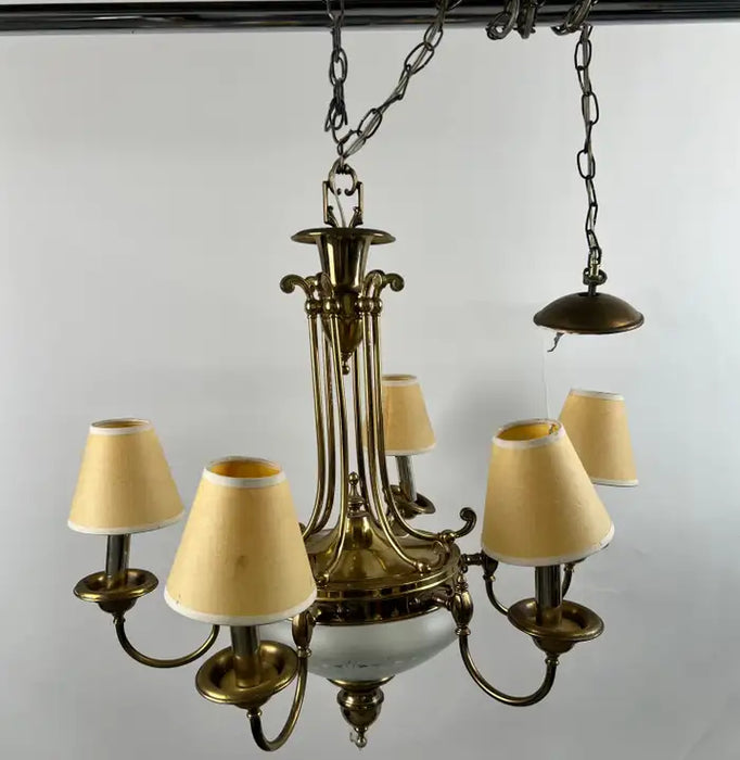French Empire Style Brass & Etched Cut Glass Center Globe Chandelier - 6 Arms