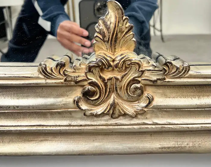 Neoclassical Revival Champagne Gold Large Mirror with Urn and Floral Pediment