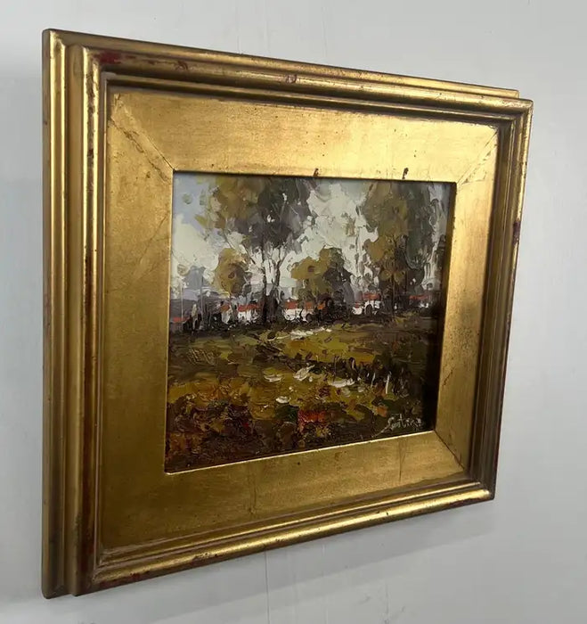 Mid-Century Italian School Oil on Board Palette Knife Landscape Painting, Signed 1950's