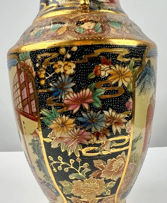 Vintage Royal Satsuma Japanese Hand-Painted Urn Style Vase, a Pair