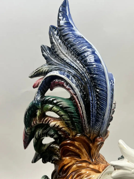 Vintage Hand-Painted Italian Majolica Ceramic Fighting Rooster Sculpture, a Pair 1980's