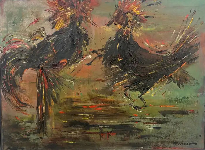Alice Marcus " The Cockfight " Oil Painting on Canvas , Signed & Framed 1981