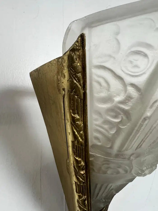 French Art Deco Brass & Frosted Glass Shield Shaped Wall sconce, a Pair