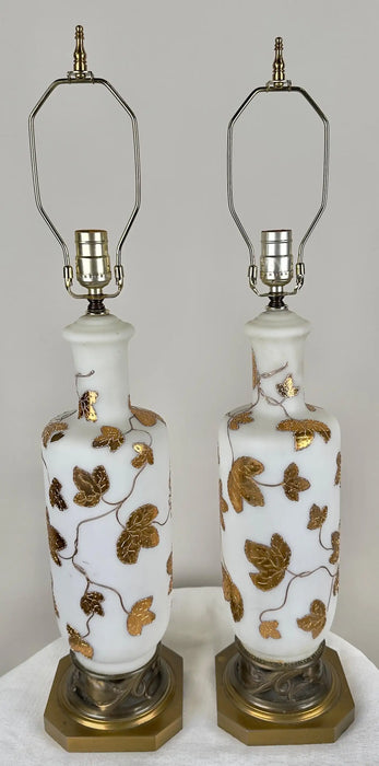 Art Nouveau Frosted White Art Glass & Gold Leaves Design Table Lamp, a Pair