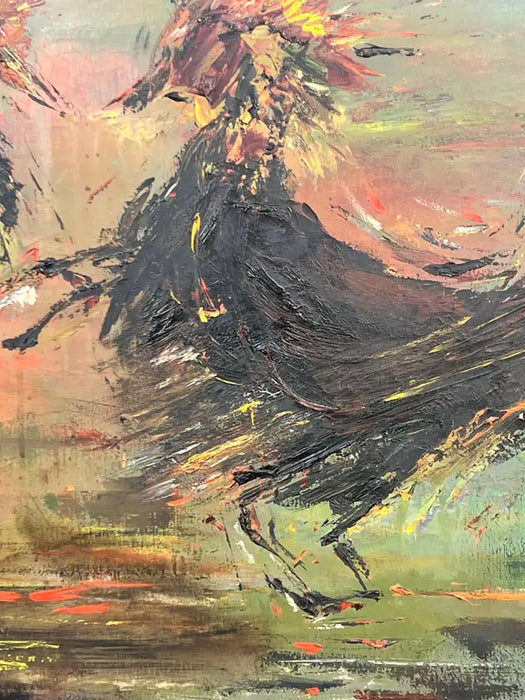 Alice Marcus " The Cockfight " Oil Painting on Canvas , Signed & Framed 1981