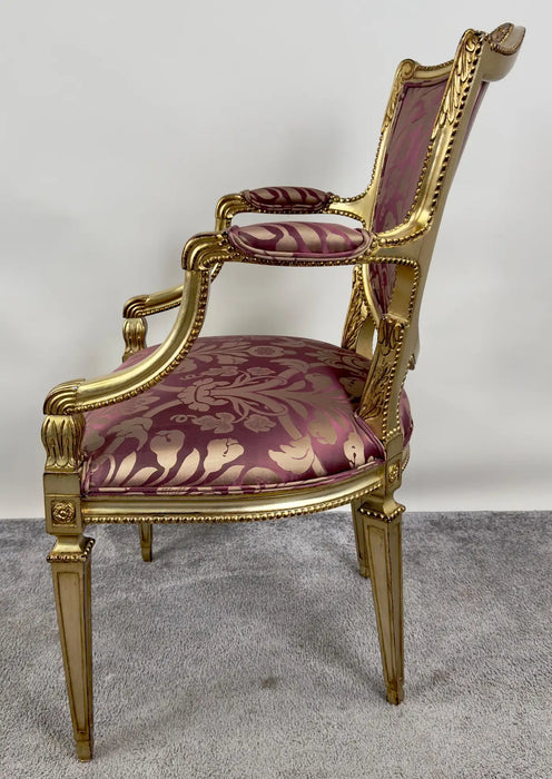 French Louis XVI Style Gilt & Plum Damask Pattern Upholstery Dining Chairs 10pcs