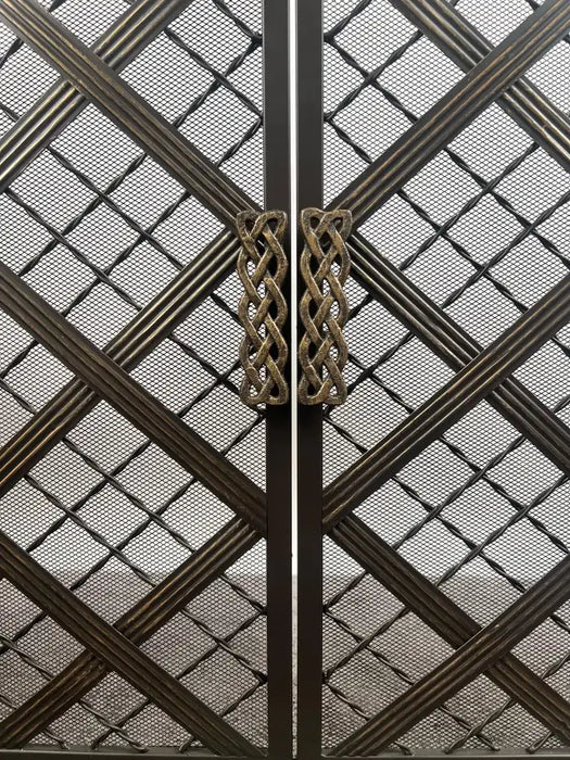 Art Deco Style Black & Bronzed Metal Two-Door & Diamond Design Fireplace Screen