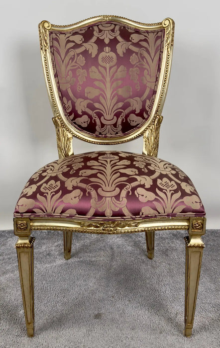 French Louis XVI Style Gilt & Plum Damask Pattern Upholstery Dining Chairs 10pcs