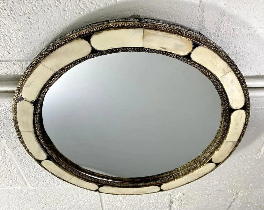 Art Deco Style Round White Frame & Antiqued Brass Filigree Inlay Mirror, a Pair