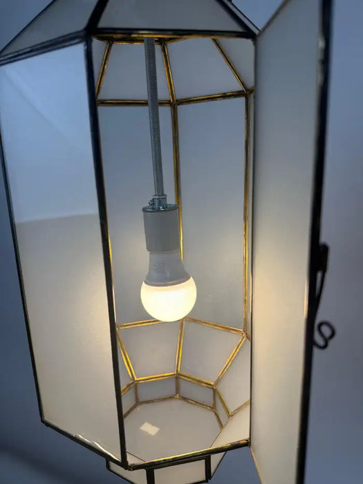Art Deco Style Frosted White Milk Glass & Bronze Octagonal Pendant, a Pair