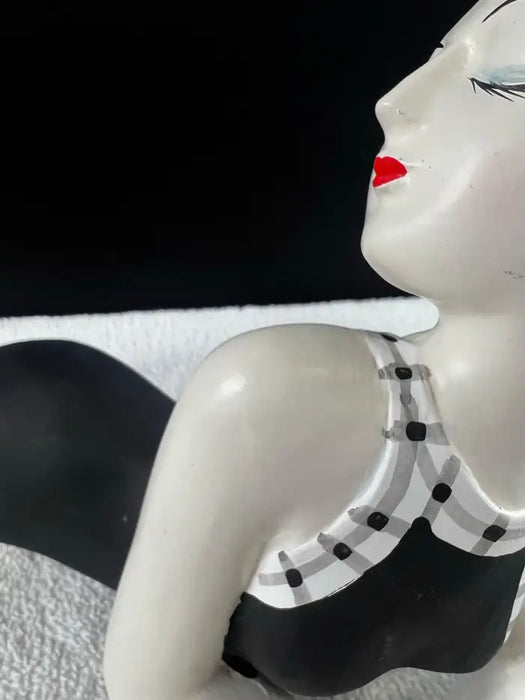 French Style Bathing Beauty Resin Figurine in Black & White Gingham Swimsuit