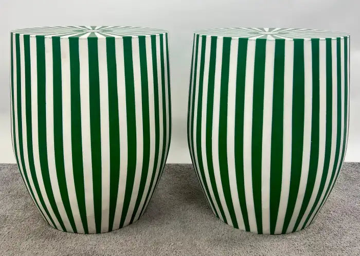 Art Deco Style Green & White Cylindrical Resin Side, End Table or Stool, a Pair