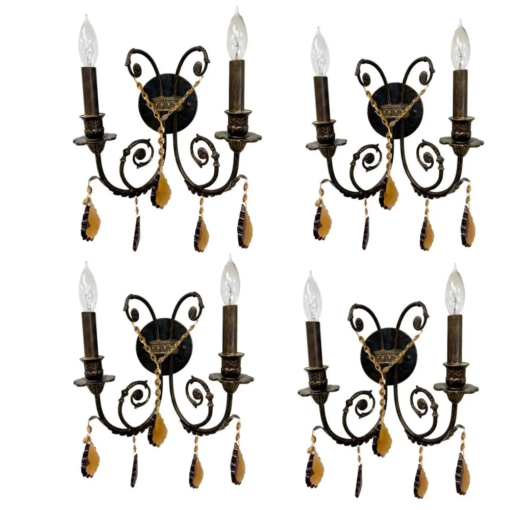 French Rococo Revival Cast Metal Bronzed Wall Sconce w Amber Crystal, Set of 4