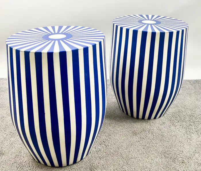 Art Deco Style Blue & White Cylindrical Resin Side, End Table or Stool, a Pair