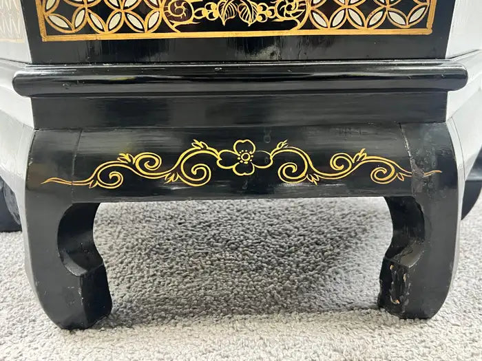 Asian Black Lacquer Hexagonal Side Table with Hand-Painted Gold & Figural Pane