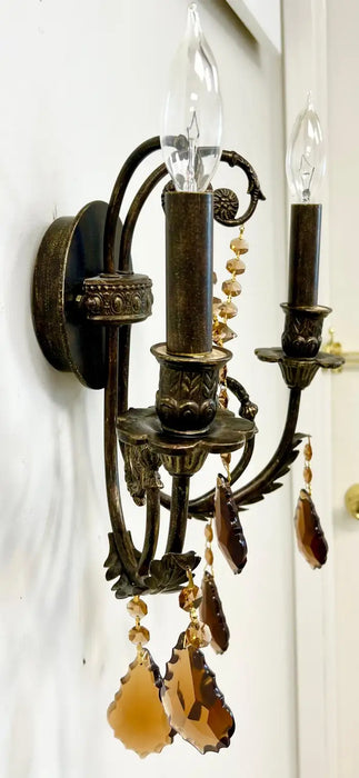French Rococo Revival Cast Metal Bronzed Wall Sconce w Amber Crystal, Set of 4