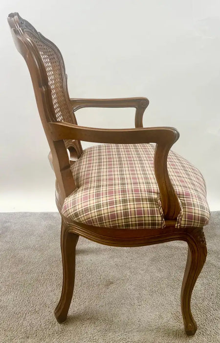 French Provincial Louis XV Style Cane Back with Plaid Upholstery Chair, a Pair