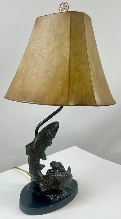 Rustic Style Flying Trout Table Lamp with Bronzed Base and Faux Leather Shade