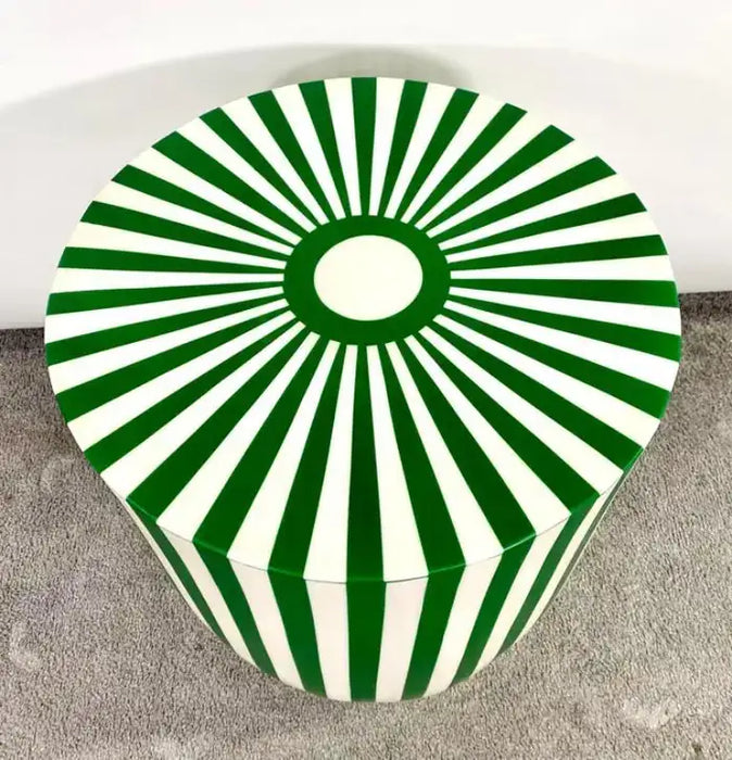 Art Deco Style Green & White Cylindrical Resin Side, End Table or Stool, a Pair