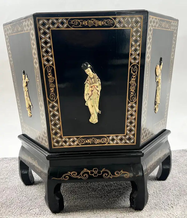 Asian Black Lacquer Hexagonal Side Table with Hand-Painted Gold & Figural Pane
