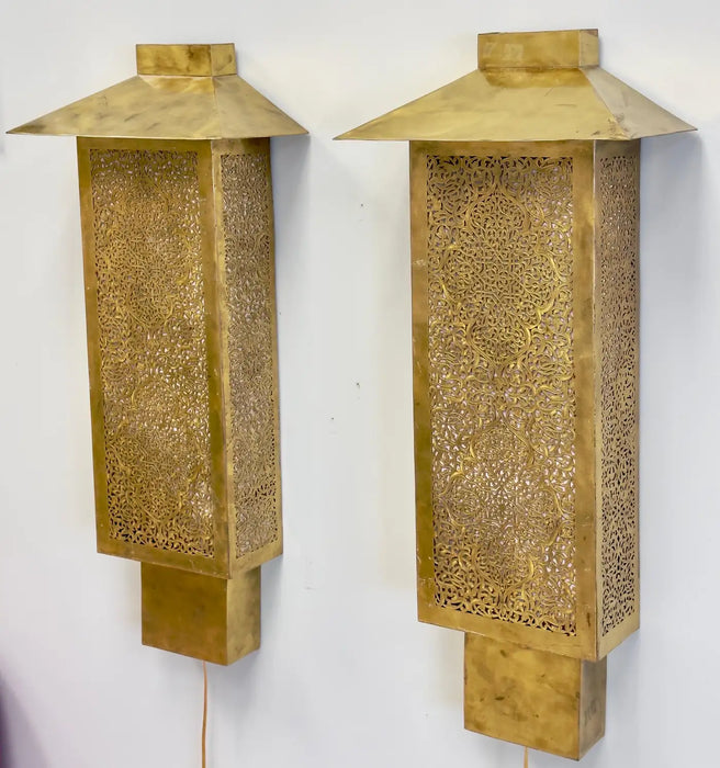 Art Deco Style Filigree Brass Wall Sconces or Lanterns, a Pair