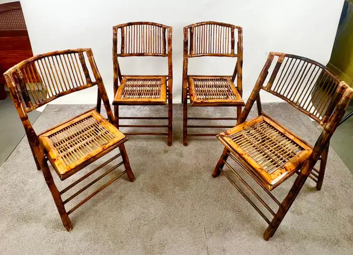 Mid Century Modern Organic Hand Crafted Bamboo Folding Chair, Set of 4