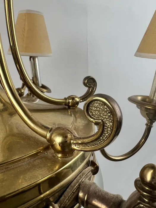 French Empire Style Brass & Etched Cut Glass Center Globe Chandelier - 6 Arms