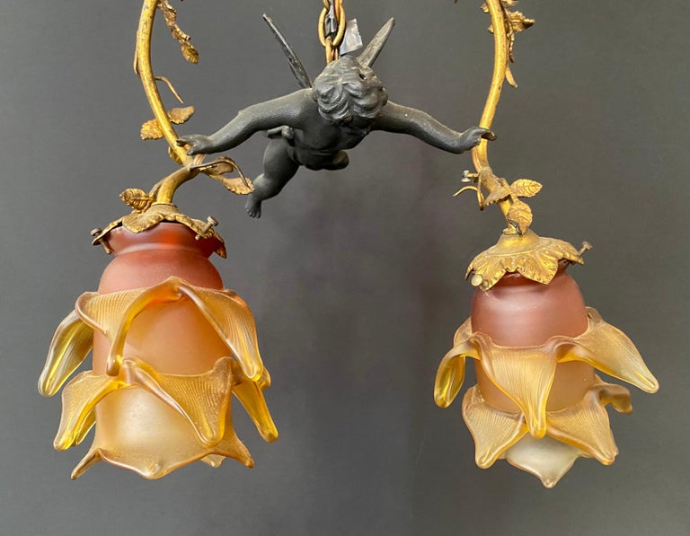 French Art Nouveau Bonze Flying Putto Cherub & Lalique Frosted Glass Tulip Shades