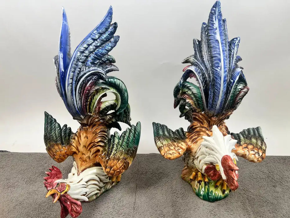 Vintage Hand-Painted Italian Majolica Ceramic Fighting Rooster Sculpture, a Pair 1980's