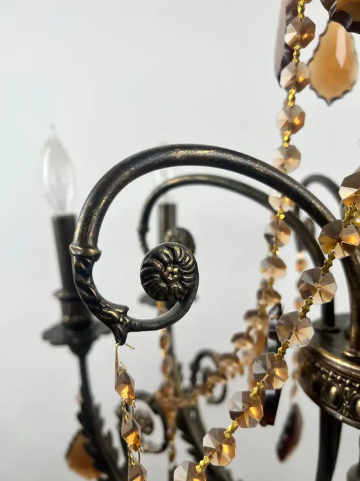 French Rococo Revival Bronzed Chandelier with Amber Glass Drops, 6 Arms