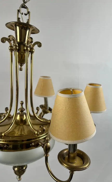 French Empire Style Brass & Etched Cut Glass Center Globe Chandelier - 6 Arms