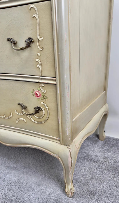 French Provincial Hand Painted Commode or Chest of Drawers with Floral Design