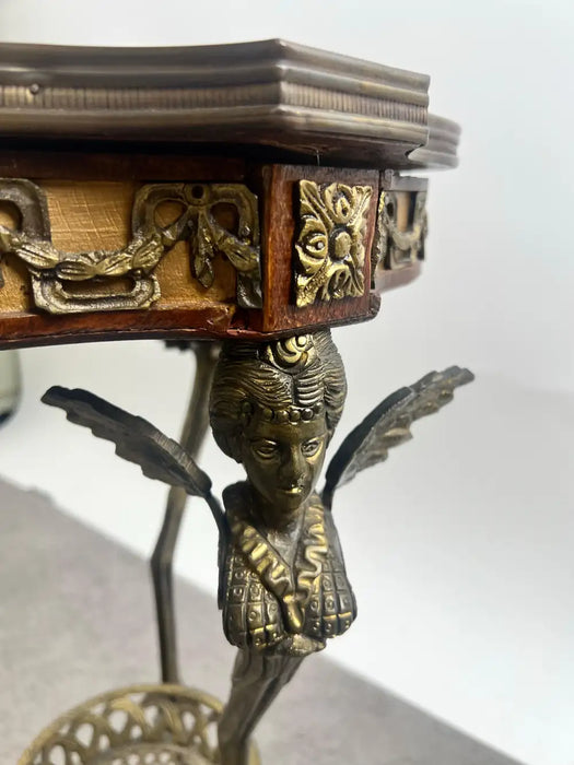 French Empire Louis XV Style Winged Angels Bronze Inlaid Gueridon Pedestal Table