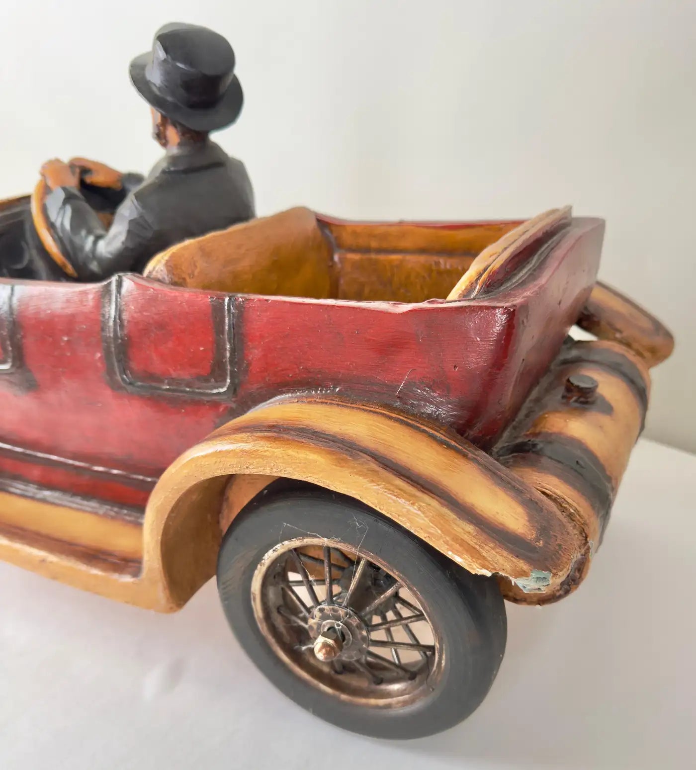 Antique 1913 Model Touring Car and Driver Wooden Hand Painted Sculptur