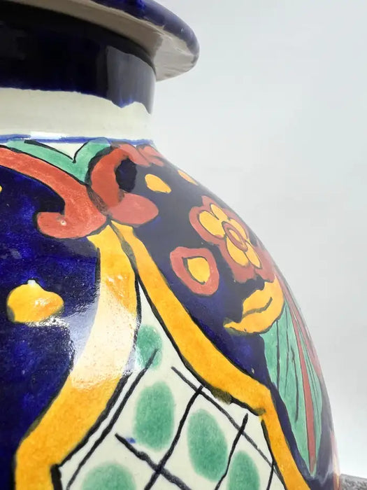 Mexican Talavera Multi-color Handmade Pottery Lidded Vase or Urn