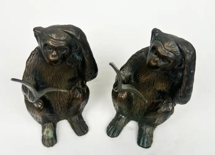 Vintage Brass Monkey Reading Book Figurine & Paperweight , a Pair