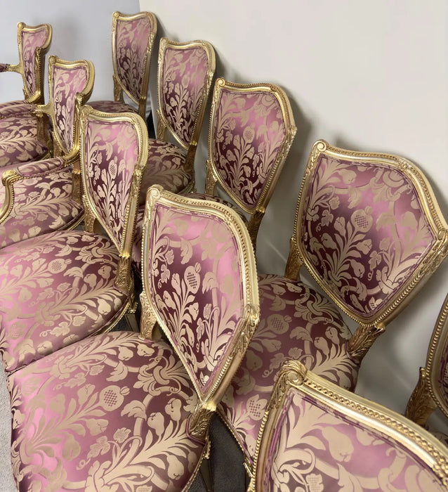 French Louis XVI Style Gilt & Plum Damask Pattern Upholstery Dining Chairs 10pcs