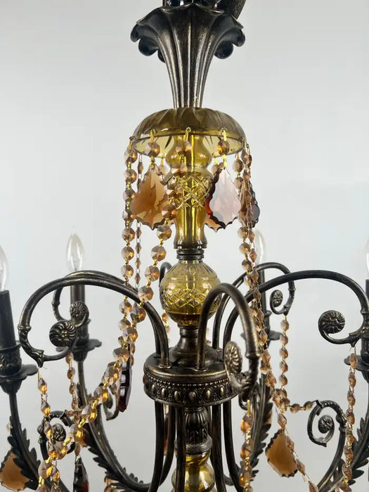 French Rococo Revival Bronzed Chandelier with Amber Glass Drops, 6 Arms