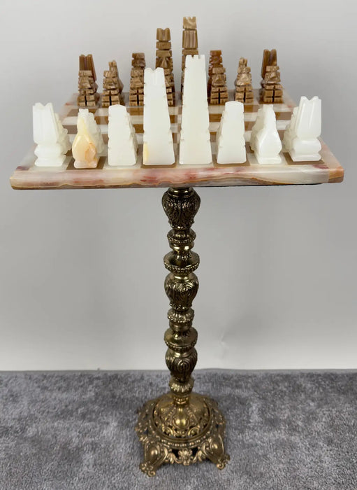 Victorian Revival Chess Table & Pieces with Marble Top & Bronze Base