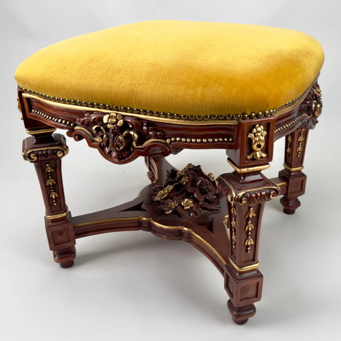 Italian Baroque Style Mahogany & Yellow Mustard Velvet Cushion Ottoman or Bench